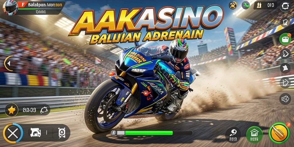 Screenshot gameplay AAKASINO menampilkan balapan motor yang intens dan menegangkan.