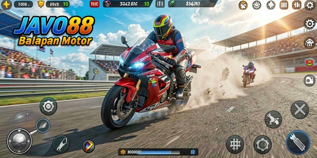 Screenshot gameplay JAVO88 menampilkan balapan motor yang seru dan intens.