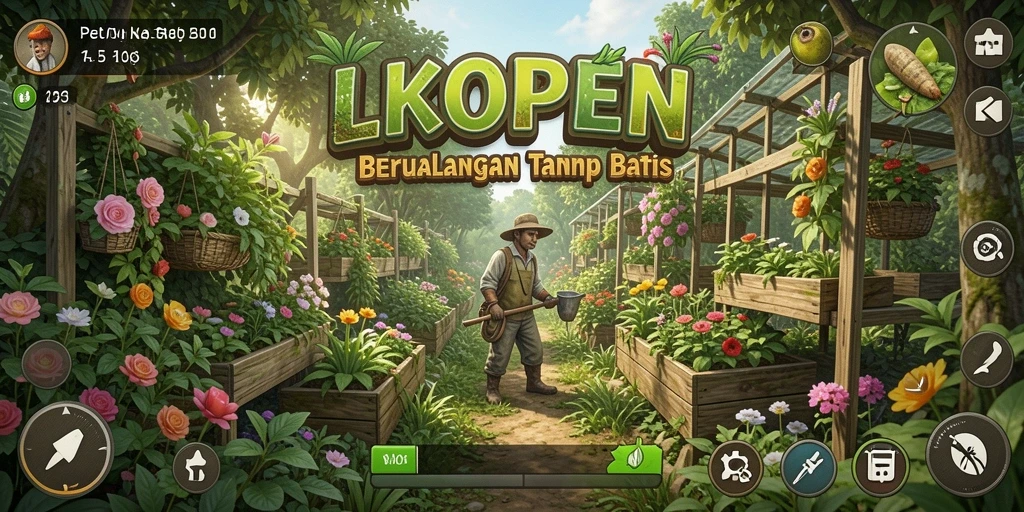 Tampilan gameplay LKOPEN menampilkan kebun yang asri dan aktivitas bertani.