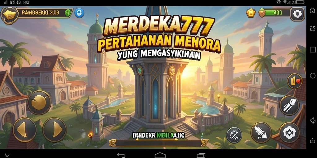 Tampilan gameplay MERDEKA777 yang menyenangkan dengan menara pertahanan aktif.