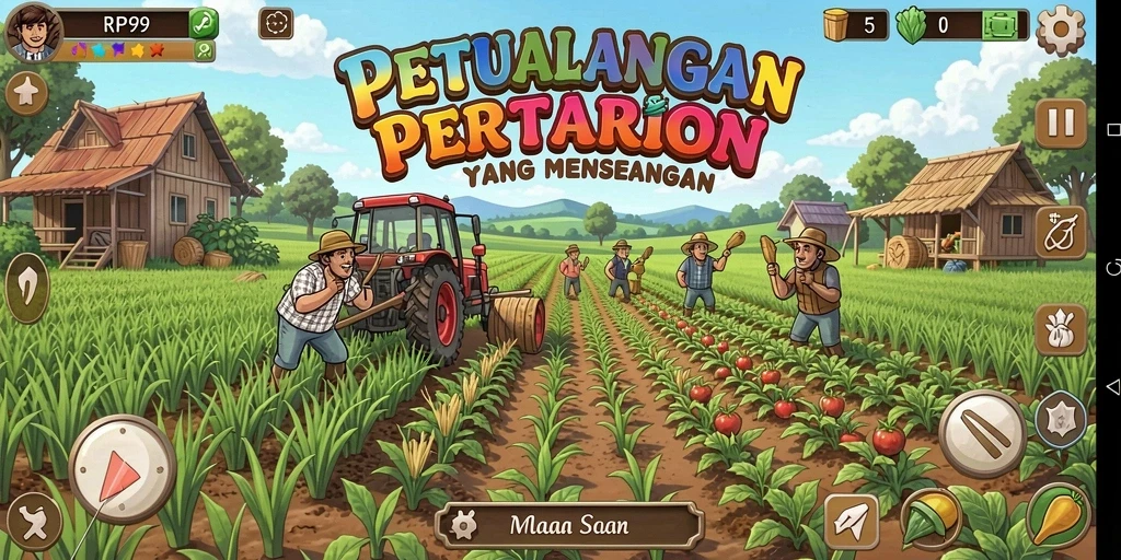 Screenshot gameplay RP99 menunjukkan suasana pertanian yang hidup.