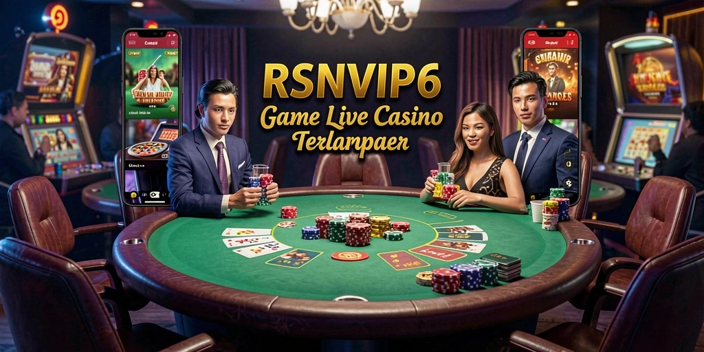 Screenshot gameplay RSNVIP6 dengan dealer langsung dan suasana kasino yang dinamis.
