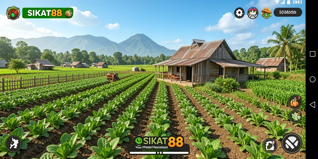 Tangkapan layar gameplay SIKAT88 yang menampilkan kebun yang produktif.