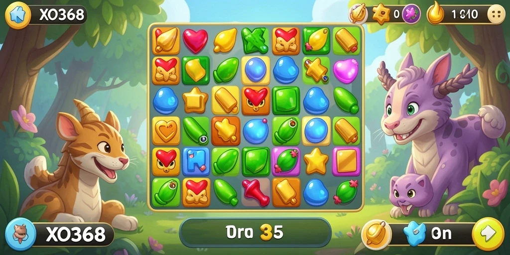 Screenshot utama XO368 menampilkan gameplay seru mencocokkan elemen.
